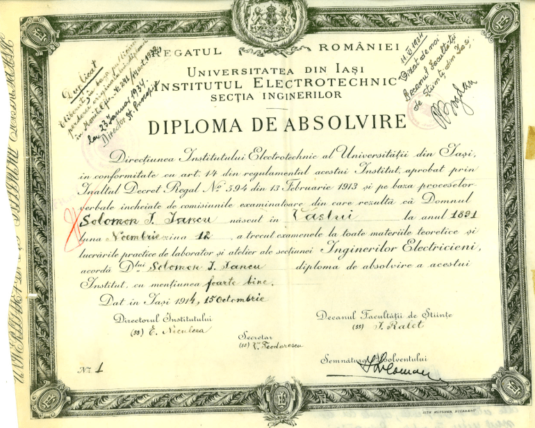 Solomon I Diploma absolvire Politehnica 1914