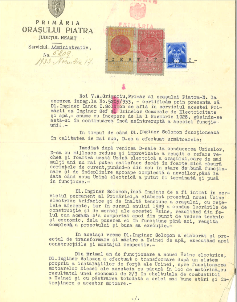 Solomon I Adeverinta Primaria Piatra Neamt 1933 p1