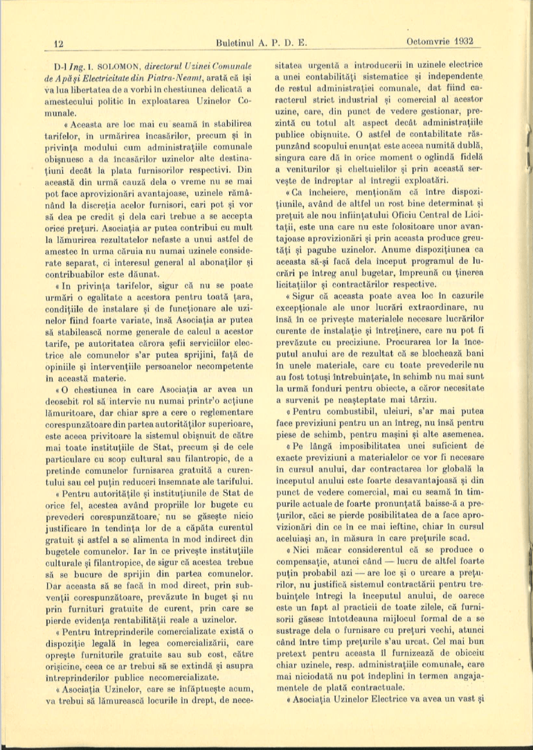Solomon I Congresul APDE Sep 1931 Amestecul politic in exploatarea uzinelor comunale p1