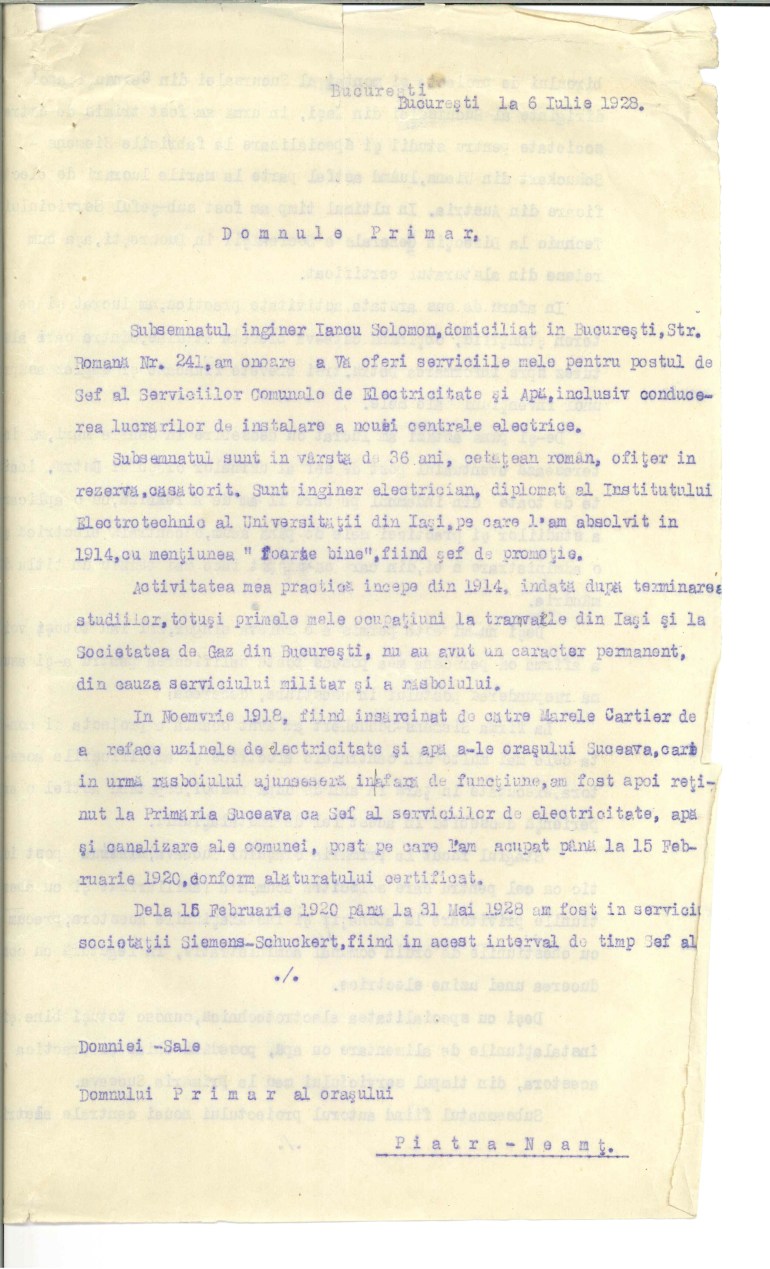 Solomon Iancu aplicatie post sef sef uzina electrica Piatra Neamt 1928 p1