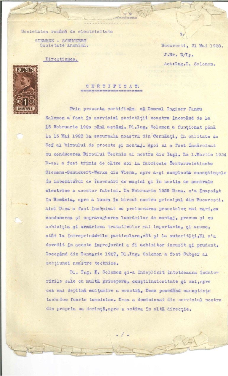 Solomon Iancu Certificat serviciu Siemens-Schuckert 1928 p1