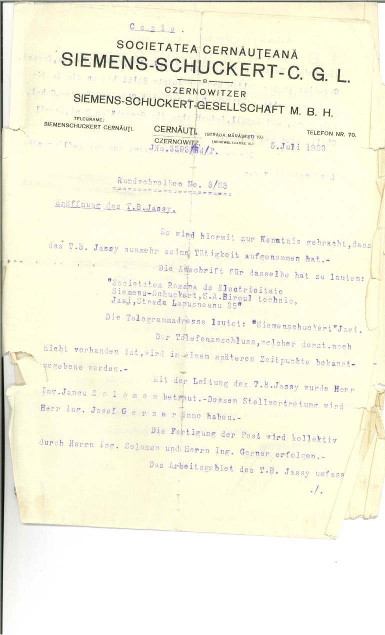 Solomon Iancu scrisoare germana Siemens-Schuckert p1