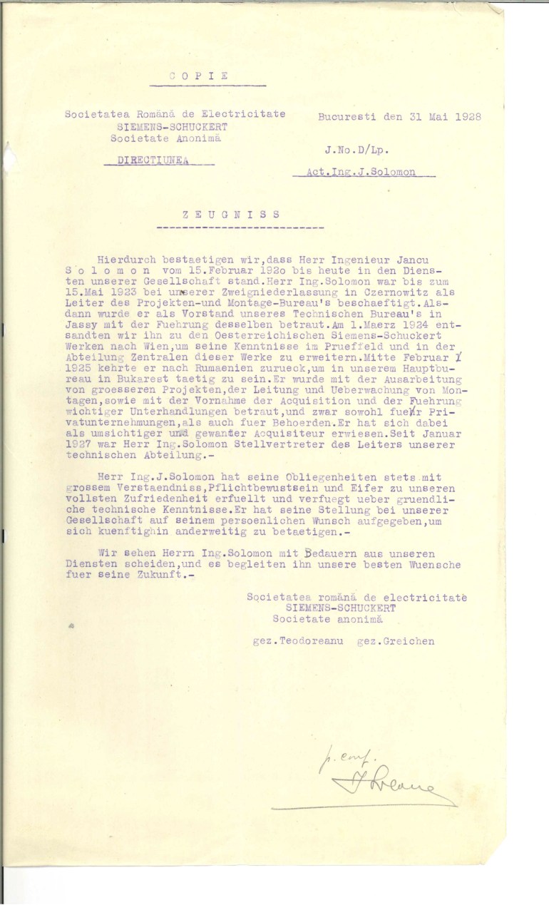 Solomon Iancu scrisoare Siemens-Schuckert germana 1928